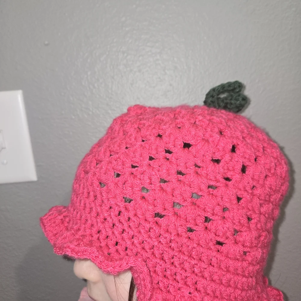 Girl's Raspberry Crochet Bucket Hat - Picture 14 of 15